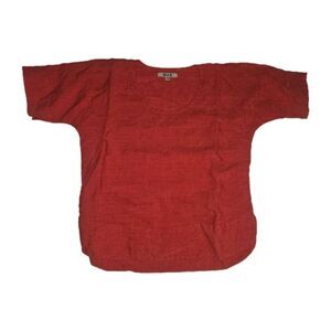 FLAX Small 100% Linen Top Orange Red Boho Western Colorful Lagenlook Peasant